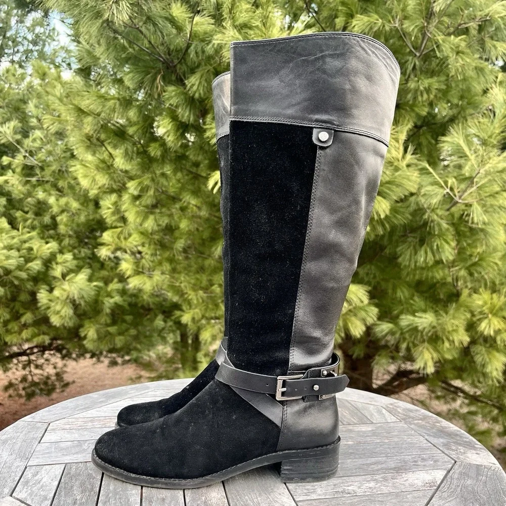Vince Camuto Jaran Riding Boot Womens 7 Tall Black Leather Suede Silver Hardware